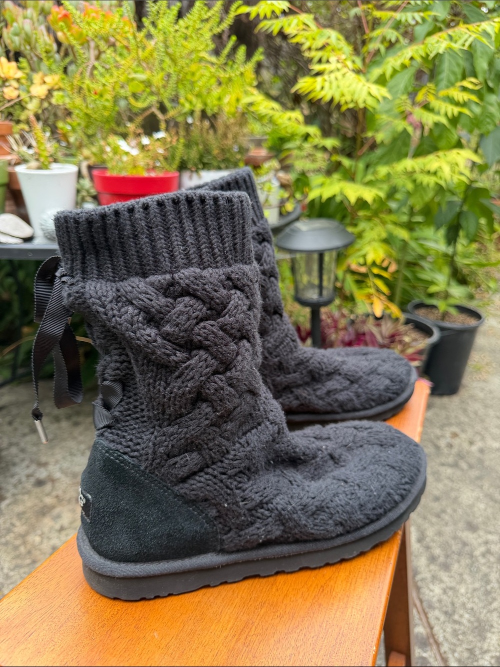 UGG Black Knit Lace-Up Ankle Boots with Ribbon